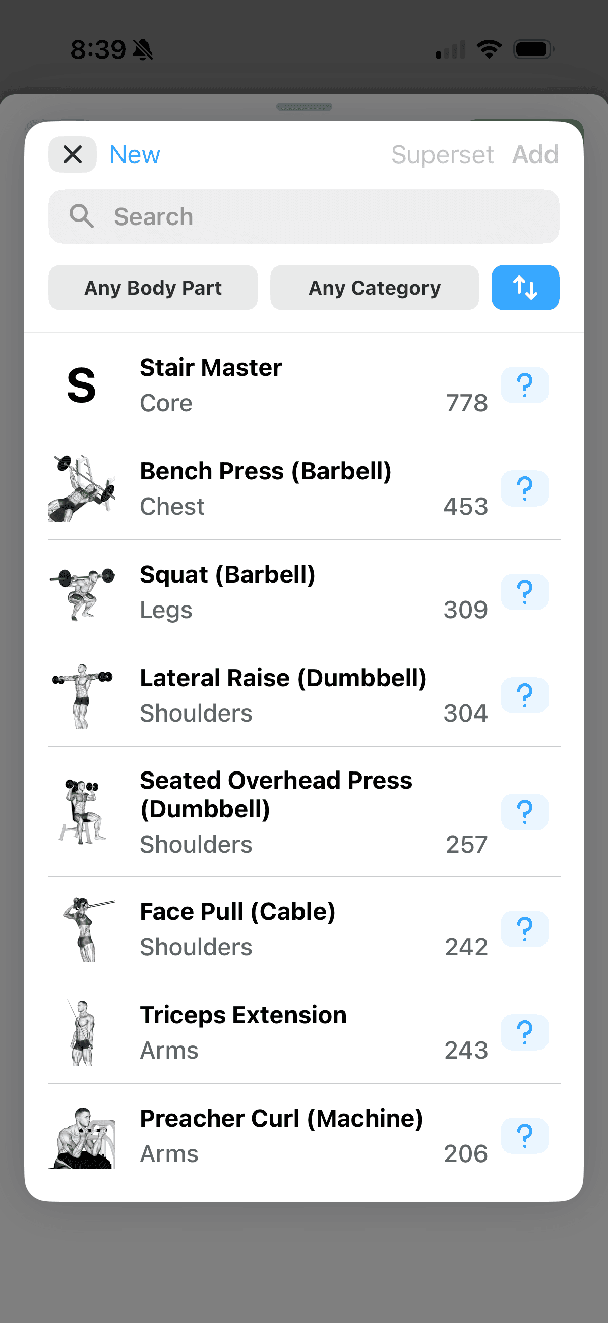 Logbook exercise picker showing the searchable exercise catalog used to add movements to a workout