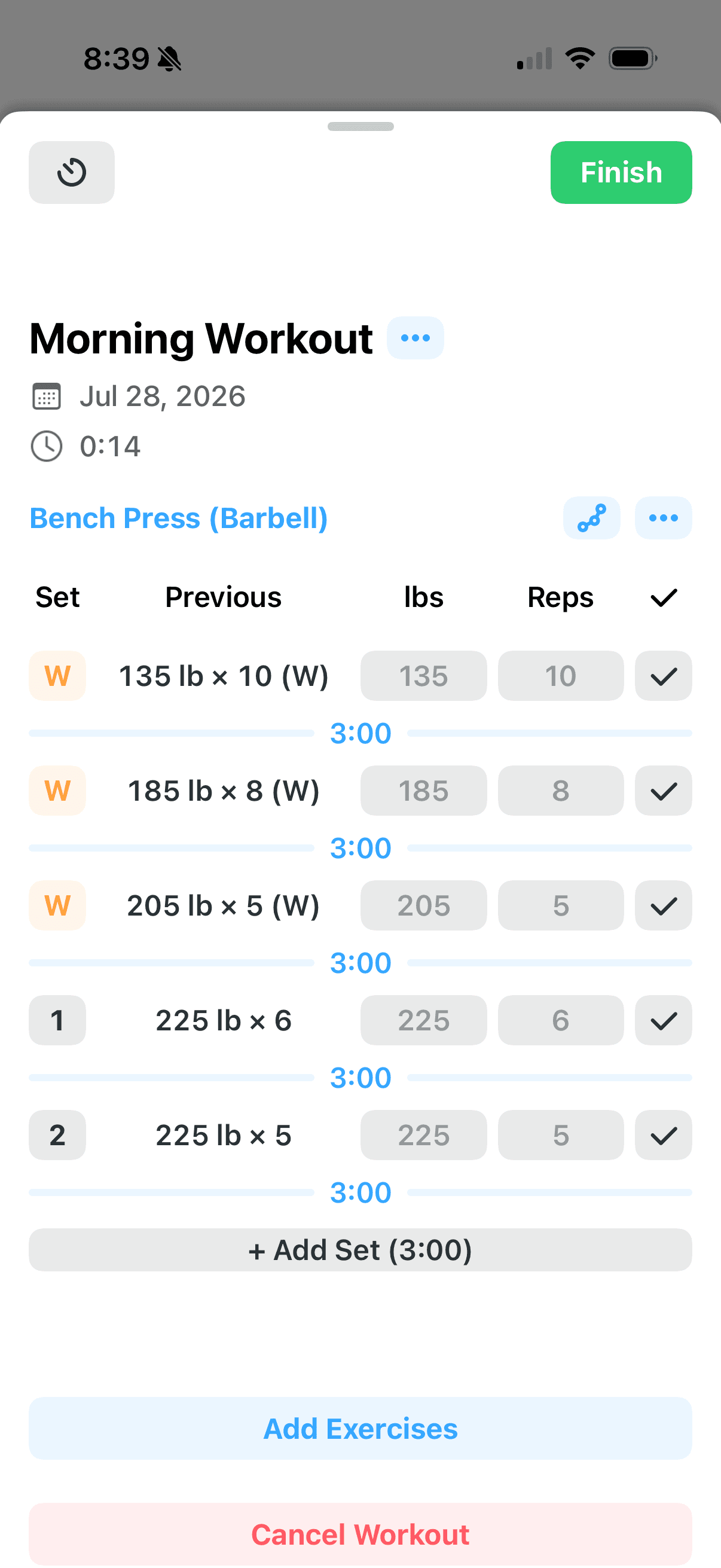 Logbook workout table showing previous bench press performance beside the current set inputs
