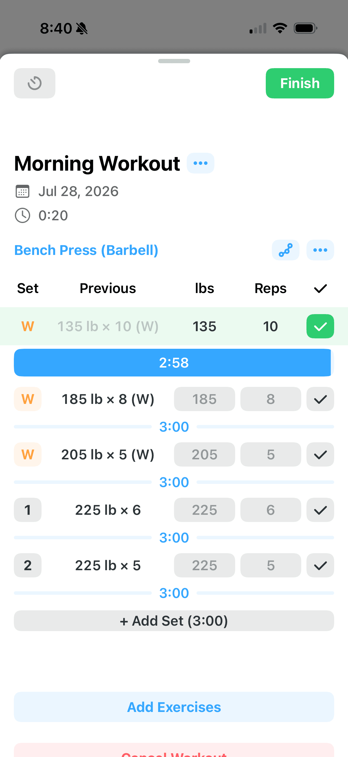 Logbook live workout showing previous bench press sets, completed rows, load and rep fields, and an active rest timer